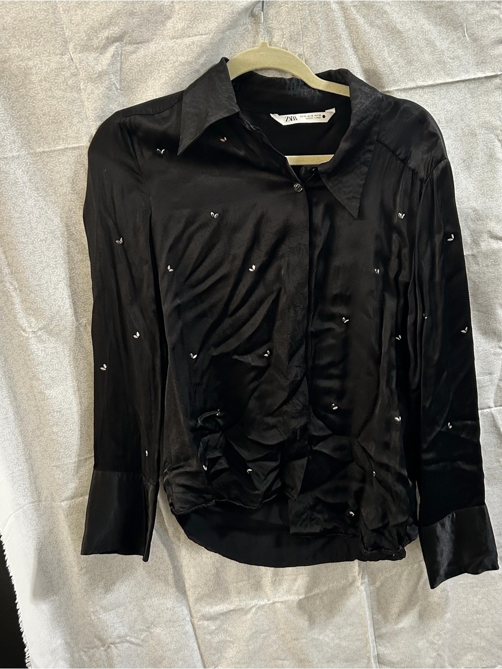 Zara Black Satin Button-Up Blouse with Subtle Embroidered Dots